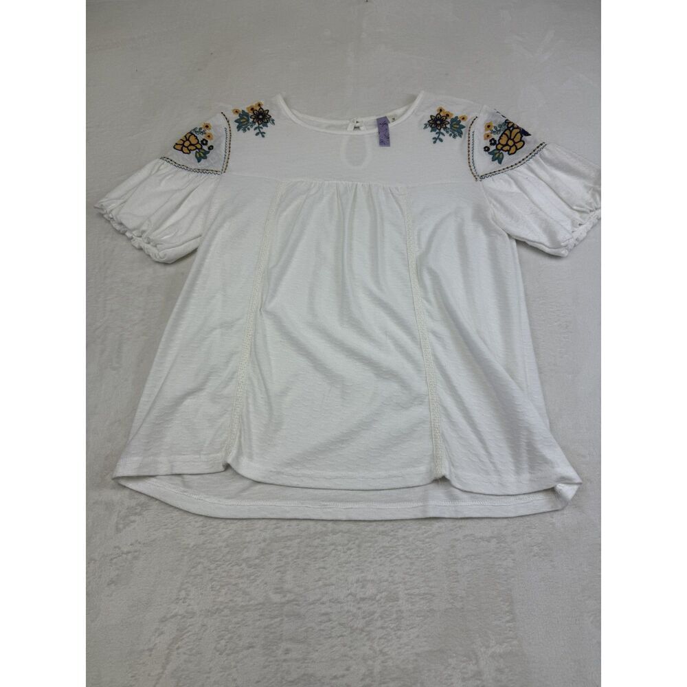 Alga Shirt Womens Medium White Embroidered Puff Sleeve Boho Floral Top Blouse